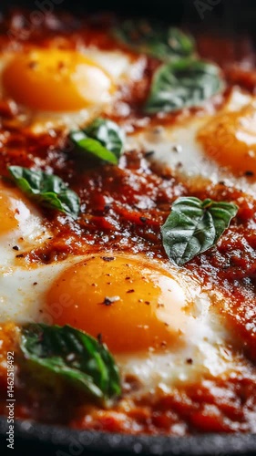Close up view of fried eggs in a rich tomato sauce, garnished with fresh basil leaves. The yolks are bright yellow and runny. The dish is in a dark pan.
