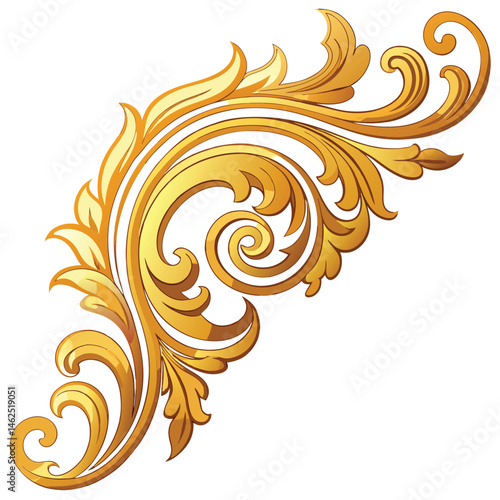 A gilded baroque corner ornament with swirling flourishes on white background
