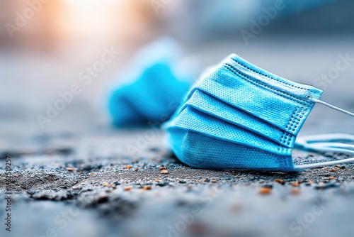 Two blue disposable face masks lie forgotten on the urban ground. The scene evokes a somber mood, highlighting the impact of health measures in public spaces.