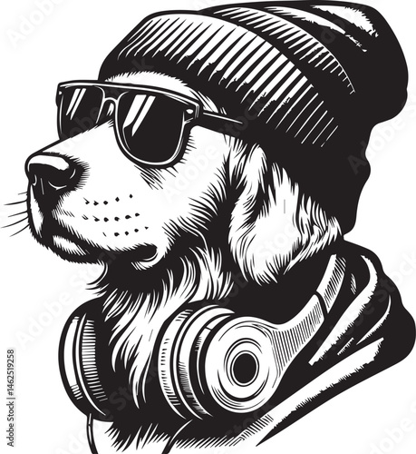 Cool Dog with Headphones, Sunglasses, and Beanie - Black and White Hipster Animal Illustration