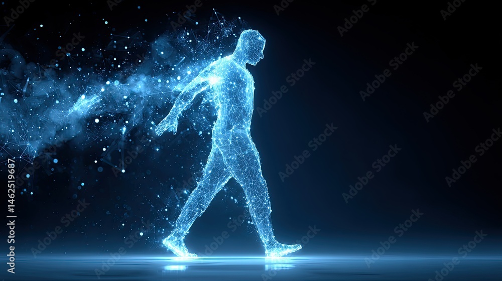 Naklejka premium A digital silhouette of a walking figure made of glowing particles, symbolizing technology and innovation.