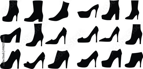 Women's Shoe Silhouette Set. High Heels, Pumps & Boots Vector Icons
