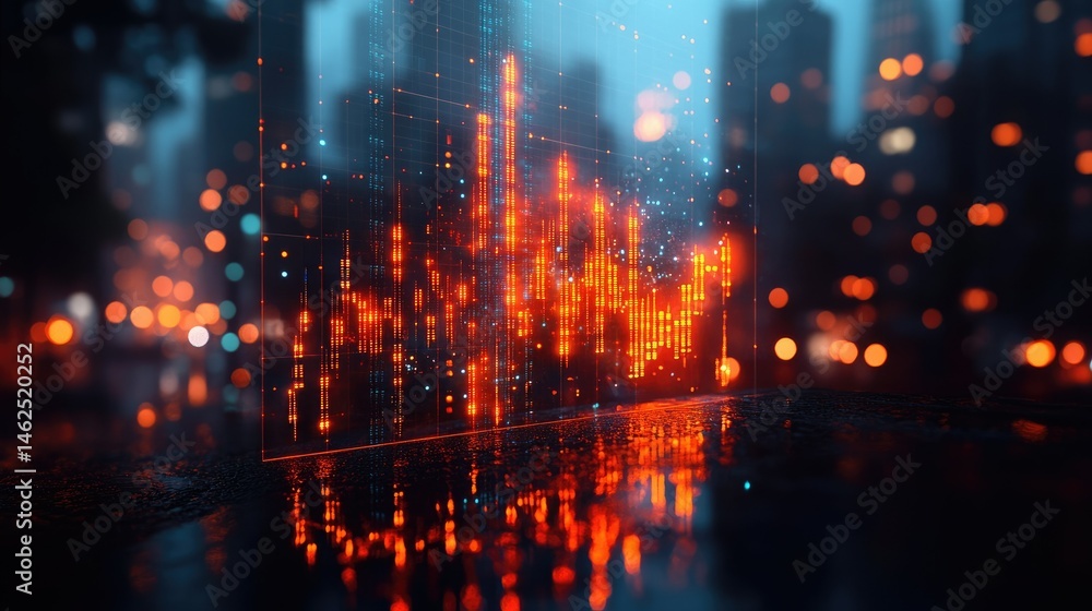 A digital visualization of data represented through vibrant orange and red bars against a city backdrop. A digital visualization of data represented through vibrant orange and red bars against a city backdrop.