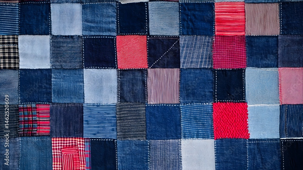 A patchwork quilt design created from various shades of denim and fabric. A patchwork quilt design created from various shades of denim and fabric.