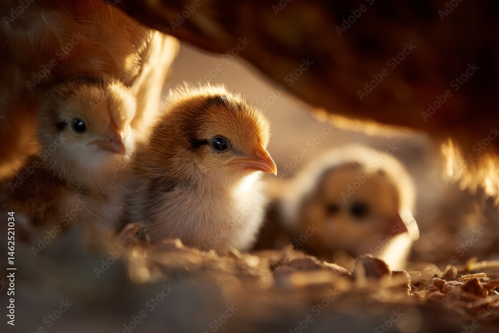 Obraz premium Three fluffy chicks relax under their mother's wing, basking in the golden glow of morning light on a serene farm Generative AI