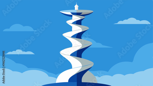 Perspective Shift A tall twisting tower that ascends in a spiral but instead of reaching a peak it loops back down towards the base. The structure features alternating light and