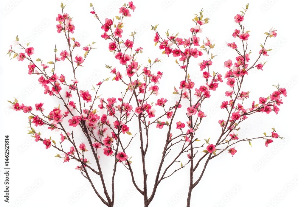 Small pink blossoms on branches. Delicate, clustered flowers on thin stems against a white background. Artificial arrangement Small pink blossoms on branches. Delicate, clustered flowers on thin stems against a white background. Artificial arrangement