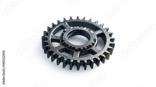 Black metal gear rests on a white background in an indoor studio setting. The industrial aesthetic emphasizes simplicity and mechanical design during daytime.