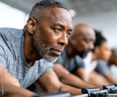 Serious African American man engages in focused workout at gym. Exercise equipment surrounds him as he demonstrates determination and strength in a bright indoor setting.