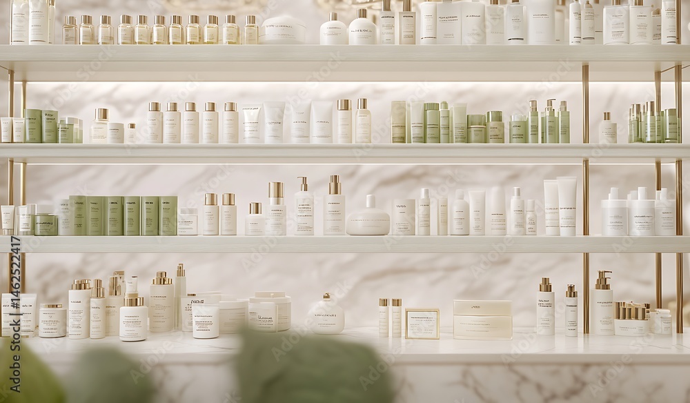 A beautiful and elegant display of cosmetics on shelves in the store, with a white background A beautiful and elegant display of cosmetics on shelves in the store, with a white background