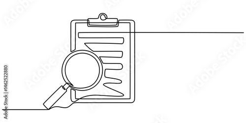 continuous line drawing clipboard with magnifying glass. Concept of Business analysis in simple outline style. Transparent background illustration, A magnifying glass on a clipboard, minimal pro.