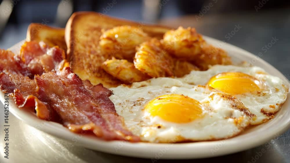 Close up view of a hearty breakfast plate featuring crispy bacon, sunny side up eggs, golden brown hash browns, and toasted bread. The food is presented on a simple plate against a blurred background. Close up view of a hearty breakfast plate featuring crispy bacon, sunny side up eggs, golden brown hash browns, and toasted bread. The food is presented on a simple plate against a blurred background.