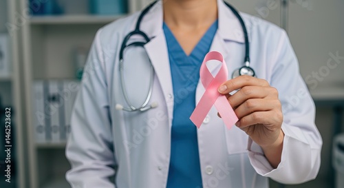 Doctor holding a pink ribbon for breast cancer awareness