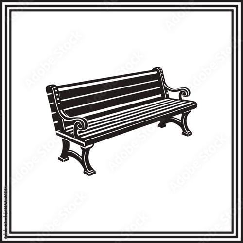 Park bench icon – black and white wooden bench vector illustration with decorative armrests – classic outdoor seating design for public space, furniture, vintage urban style