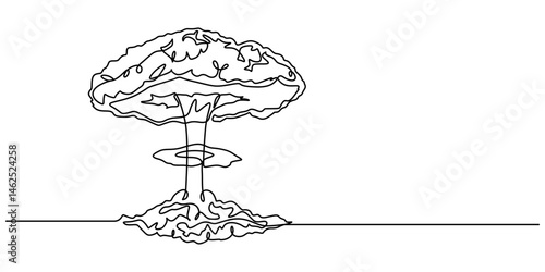 Nuclear explosion. One line, One continuous line drawing of Atomic bomb explosion. Nuclear mushroom cloud symbol of war catastrophe and apocalypse in simple linear style. Editable stroke. Doodle style