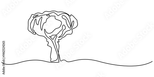 Nuclear explosion. One line, One continuous line drawing of Atomic bomb explosion. Nuclear mushroom cloud symbol of war catastrophe and apocalypse in simple linear style. Editable stroke. Doodle style