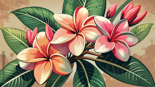 Romantic pink plumeria floral art, vintage-inspired, AI-generated photography.  white background