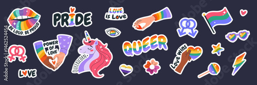 Happy Pride Month. LGBTIA stickers set. Isolated badges with signs, symbols, phrases, inclusive pride flags, unicorn, rainbow lips, hands, eye. Isolated elements on dark background. Vector clipart