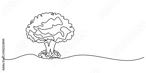 Nuclear explosion. One line, One continuous line drawing of Atomic bomb explosion. Nuclear mushroom cloud symbol of war catastrophe and apocalypse in simple linear style. Editable stroke. Doodle style