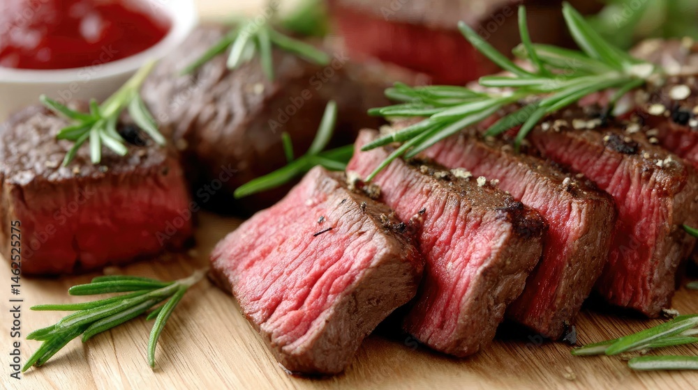 Sliced medium-rare steak garnished with rosemary on a wooden board showcasing fine culinary presentation Sliced medium-rare steak garnished with rosemary on a wooden board showcasing fine culinary presentation