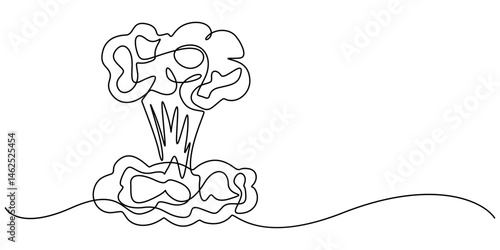 Nuclear explosion. One line, One continuous line drawing of Atomic bomb explosion. Nuclear mushroom cloud symbol of war catastrophe and apocalypse in simple linear style. Editable stroke. Doodle style