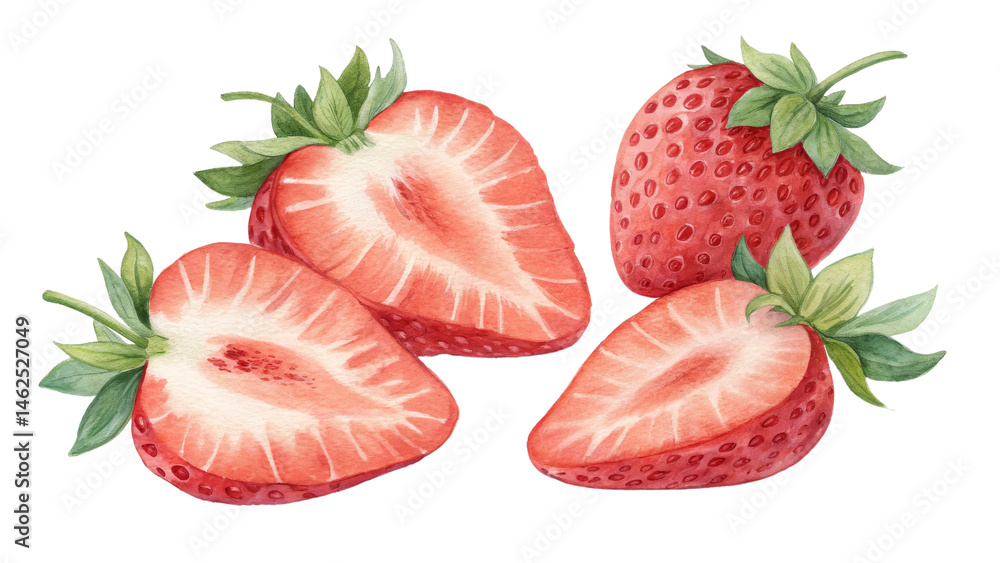 Watercolor Strawberry Halves and Whole Berry Composition, Isolated on Transparent Background, Summer Fruit Design, Food Illustration, Strawberry, Watercolor, Food Watercolor Strawberry Halves and Whole Berry Composition, Isolated on Transparent Background, Summer Fruit Design, Food Illustration, Strawberry, Watercolor, Food