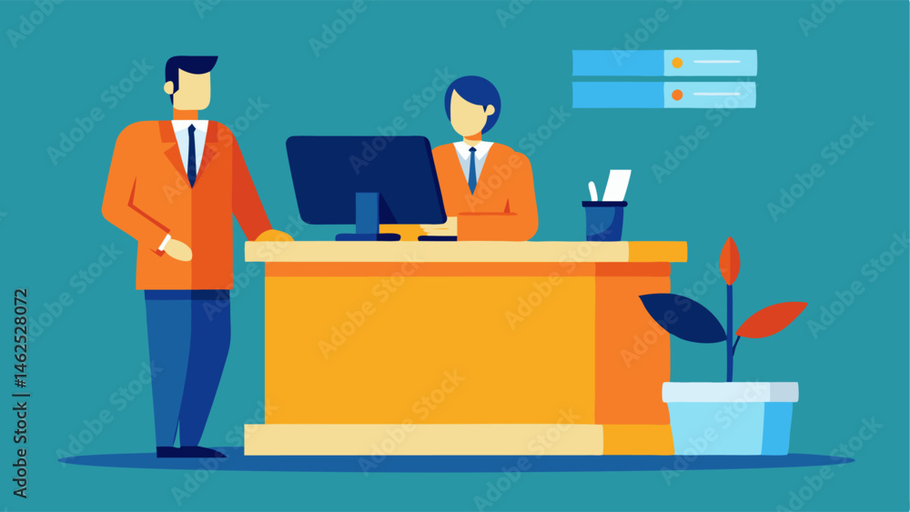 A sleek and modern information desk attended by a helpful staff member. A sleek and modern information desk attended by a helpful staff member.