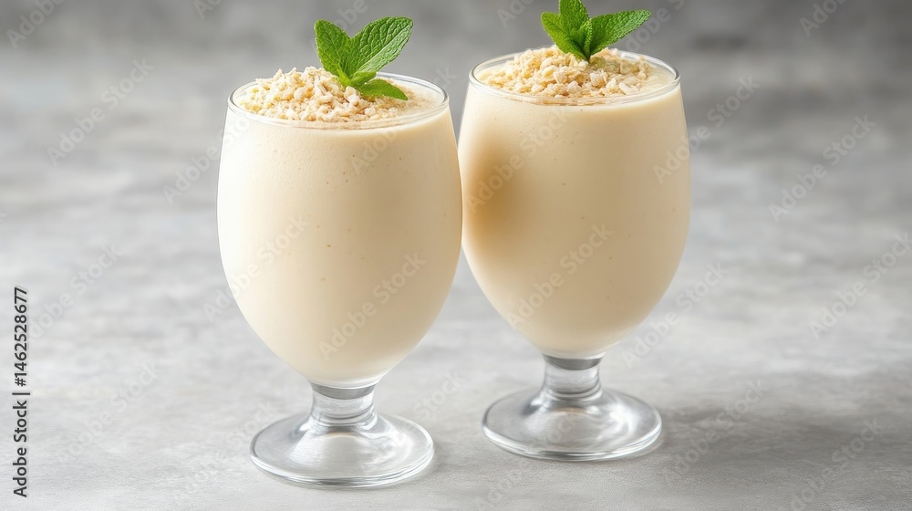 Two glasses of creamy, light-tan smoothie topped with toasted nuts and mint leaves Two glasses of creamy, light-tan smoothie topped with toasted nuts and mint leaves