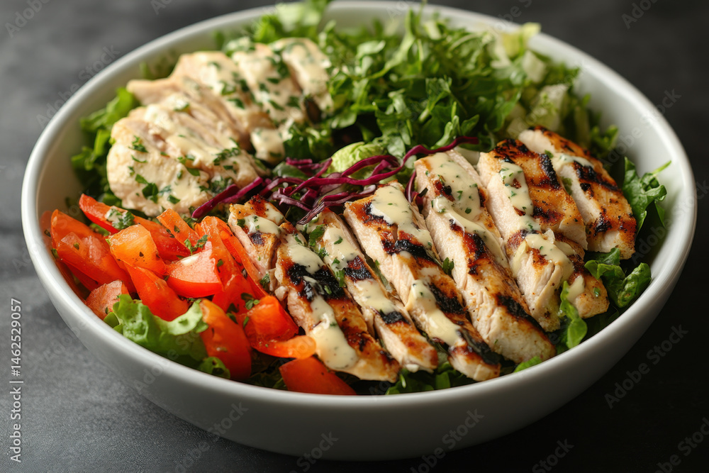 Bowl filled with chicken and vegetables, garnished with herbs and spices, resting on a wooden table next to a stack of dinner plates. Bowl filled with chicken and vegetables, garnished with herbs and spices, resting on a wooden table next to a stack of dinner plates.