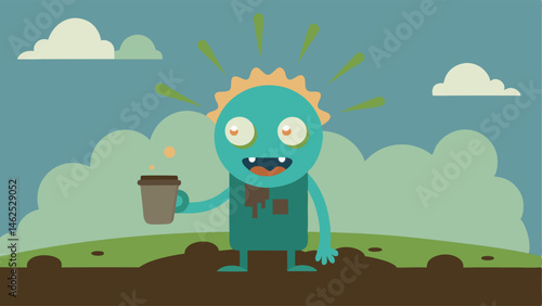 Morning Rise Depict a cartoonstyle zombie rising from the ground dirt and grass clinging to its clothes. The zombie has a big grin and ling eyes holding a coffee cup that spills