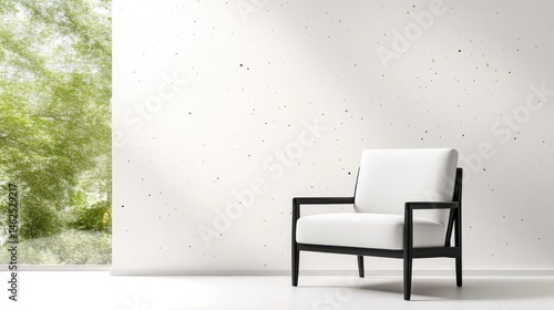 Modern minimalist armchair in a bright, tranquil room.  A simple white chair with dark wooden frame sits against a textured white wall, near a large window