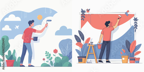 young man making mural on wall environment style vector flat design