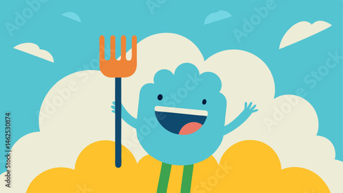 Fork and Fluff The illustration depicts a cheerful character holding a colossal fork ready to take a bite out of a large fluffy cloud. The cloud has a e face conveying surprise or