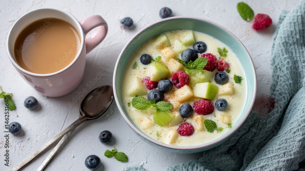 Creamy yogurt topped with vibrant green apple slices, mixed berries, and fresh mint sits invitingly on a white tabletop with soft natural lighting