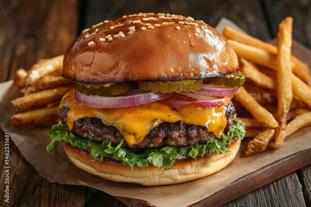 Hamburger topped with cheese, onion, and pickles, served with crispy fries on a red checkered tray. Hamburger topped with cheese, onion, and pickles, served with crispy fries on a red checkered tray.