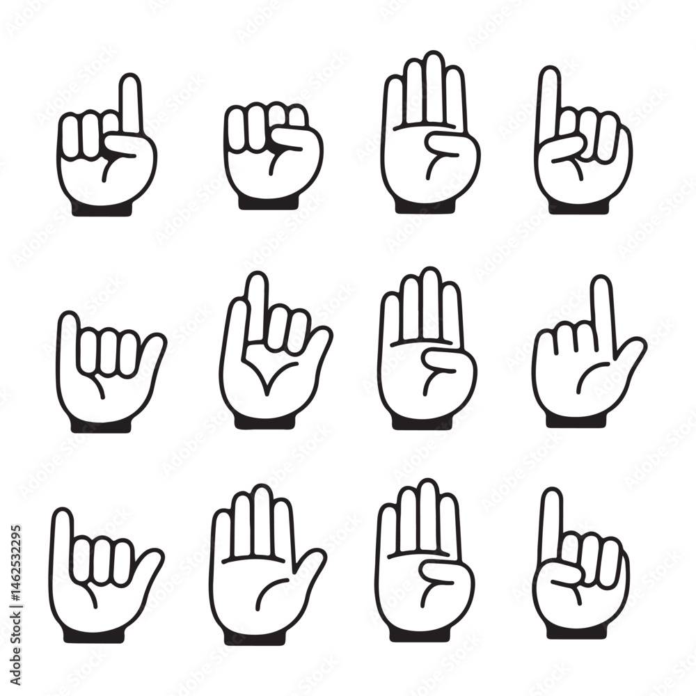Obraz premium Black Cartoon Hand Gestures Silhouette Vector Set, Cartoon comic hands with different signs and symbols, Human arms in doodle style illustration