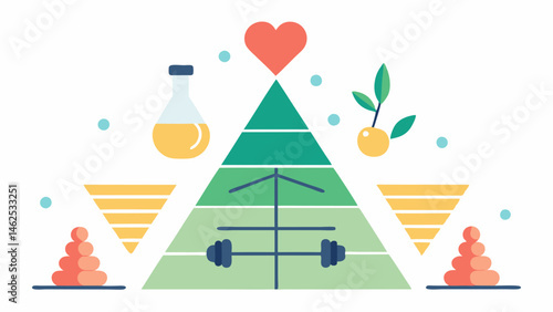 Health Pyramid A pyramid structure where the base is formed by a DNA helix supporting levels of healthy eating exercise and mental wellness as key factors for longevity.