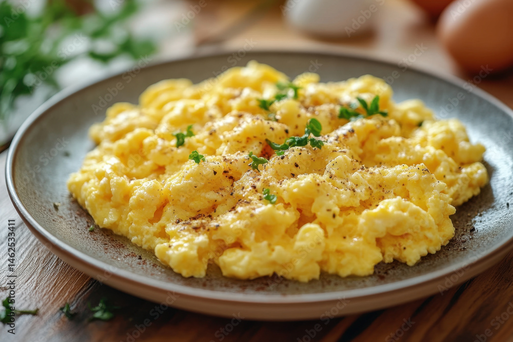 Scrambled eggs with parsley sprinkled on top, served in a white ceramic plate alongside crispy bacon strips and buttered toast, displayed on a wooden table. Scrambled eggs with parsley sprinkled on top, served in a white ceramic plate alongside crispy bacon strips and buttered toast, displayed on a wooden table.