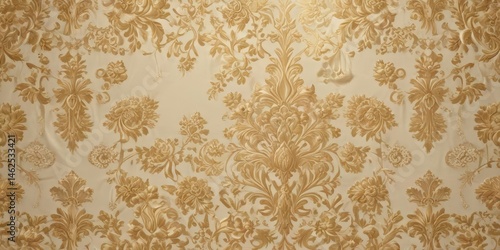 Creamy floral damask, intricate gold accents, luxurious textile , high resolution, cream fabric
