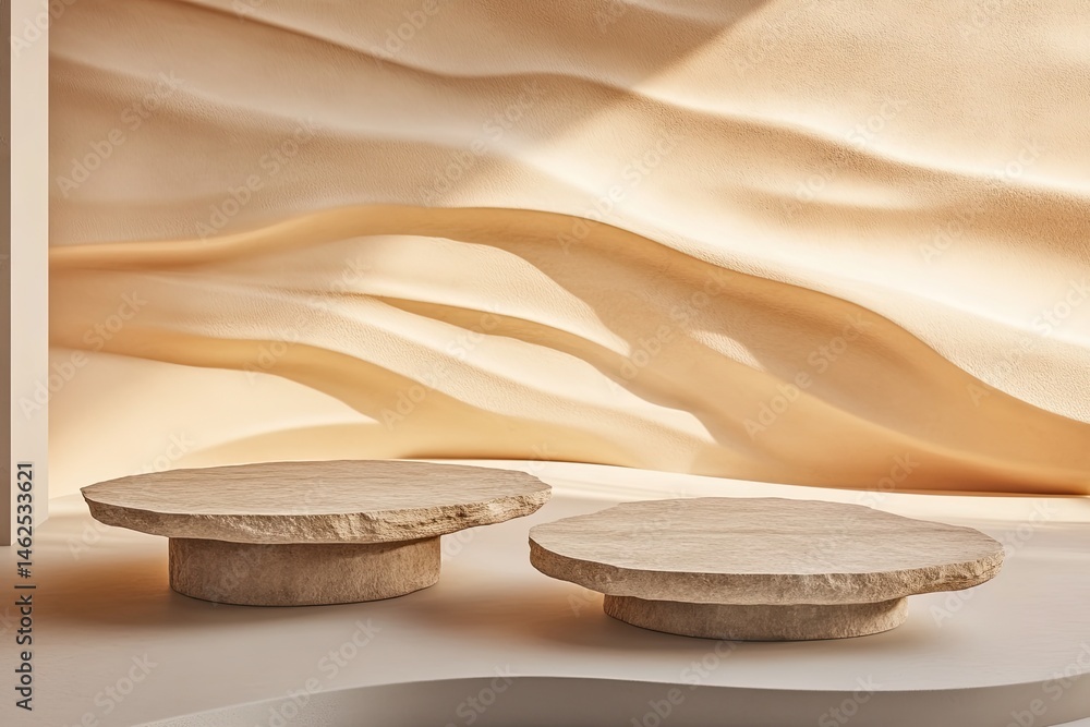 Two light beige stone pedestals in a soft light interior setting. Two light beige stone pedestals in a soft light interior setting.