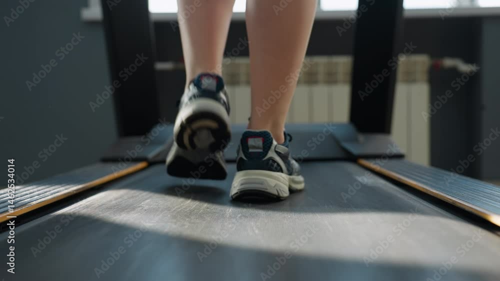 close up back view of person walking on treadmill belt under sunlight shining on shoes and legs in modern gym studio with exercise bike and elliptical trainer blurred behind close up back view of person walking on treadmill belt under sunlight shining on shoes and legs in modern gym studio with exercise bike and elliptical trainer blurred behind