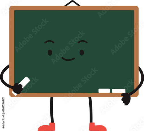 Cute green chalkboard character with smiling face holding chalk and eraser vector illustration 