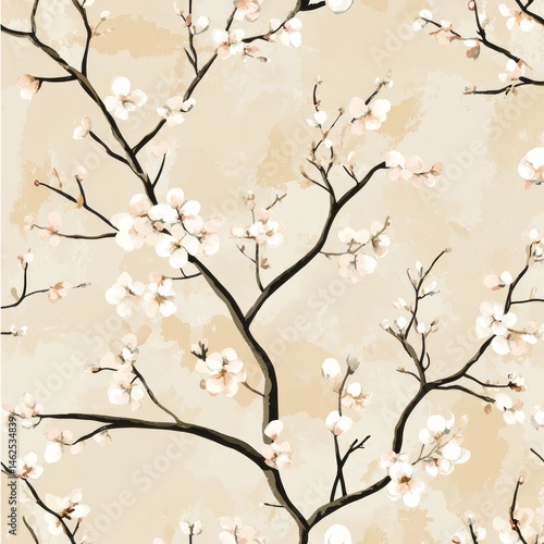 Delicate blossom branches on a muted beige background