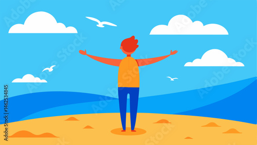 Ocean Breeze A character stands on a sandy beach with arms fully extended soaking in the sun and ocean breeze. Their hair blows back gently and a surfboard can be seen propped in