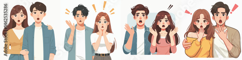young couple showing surprised expression together vector flat design style