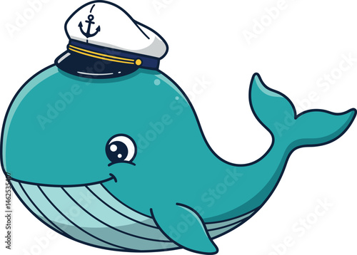 Cute blue whale wearing a captain hat smiling friendly nautical marine animal vector illustration 
