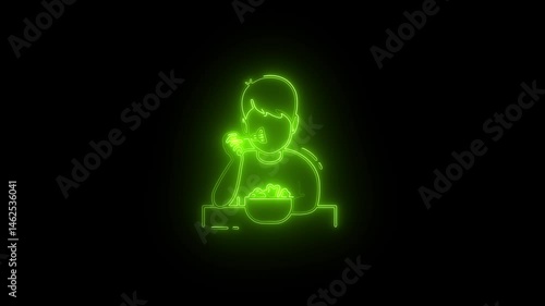 Animated sketch of a man and a sketch of a noodle bowl with a glowing neon saber effect