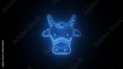 blue silhouette of bull with bangs in a Santa s hat on black background