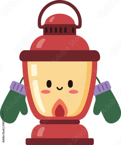 Cute red camping lantern with green mittens smiling vector illustration for outdoor leisure activities and cozy winter scenes 