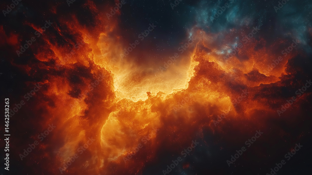 Alien planet beneath a fiery nebula with swirling colors illuminating the vast space around Alien planet beneath a fiery nebula with swirling colors illuminating the vast space around